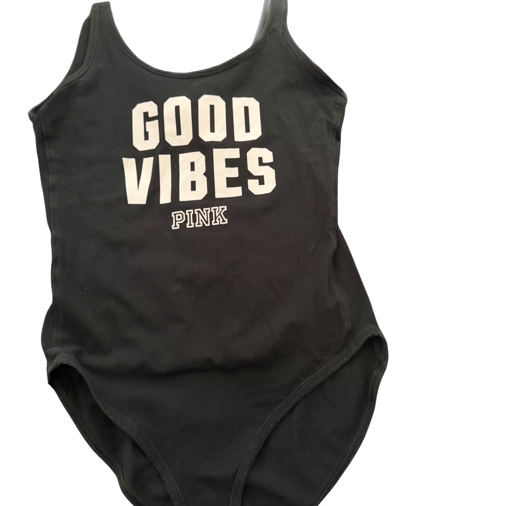 PINK Victoria's Secret Black Bodysuit with 'Good Vibes' Print